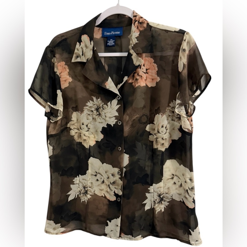 Evan Picone women’s 14 short sleeve button up sheer floral multicolored blouse